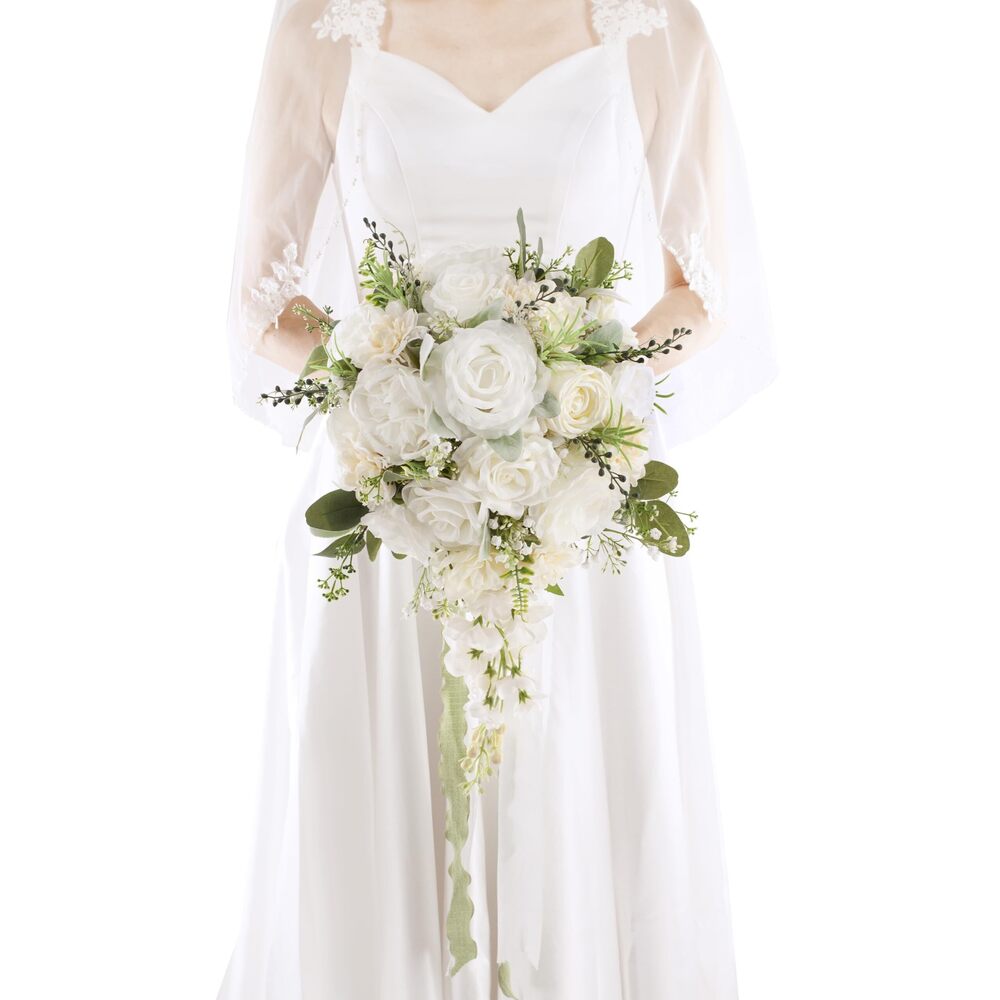 7214 12 Inch Cascade Wedding Bouquets for Bride, Ivory & Champagne